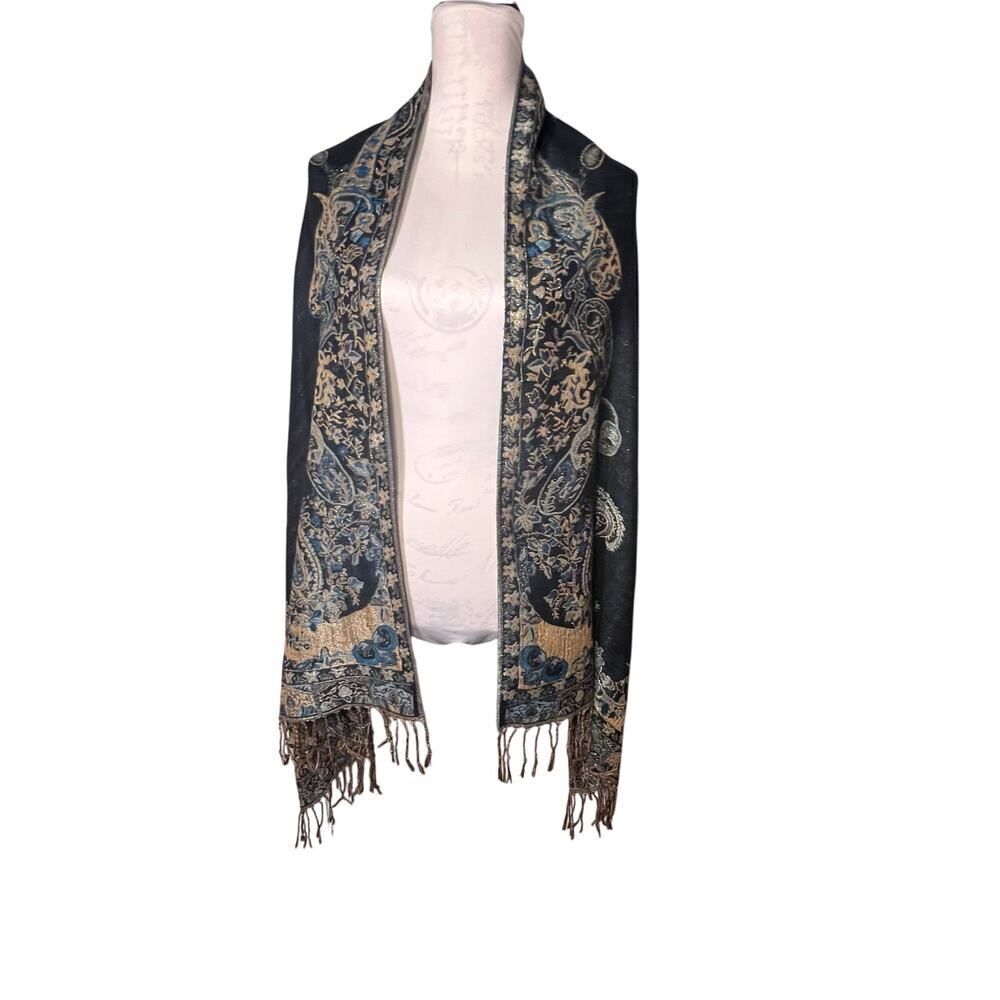 Paisley metallic blue, gold fringe‎ shawl scarf, sarong bohemian GypsyGoth